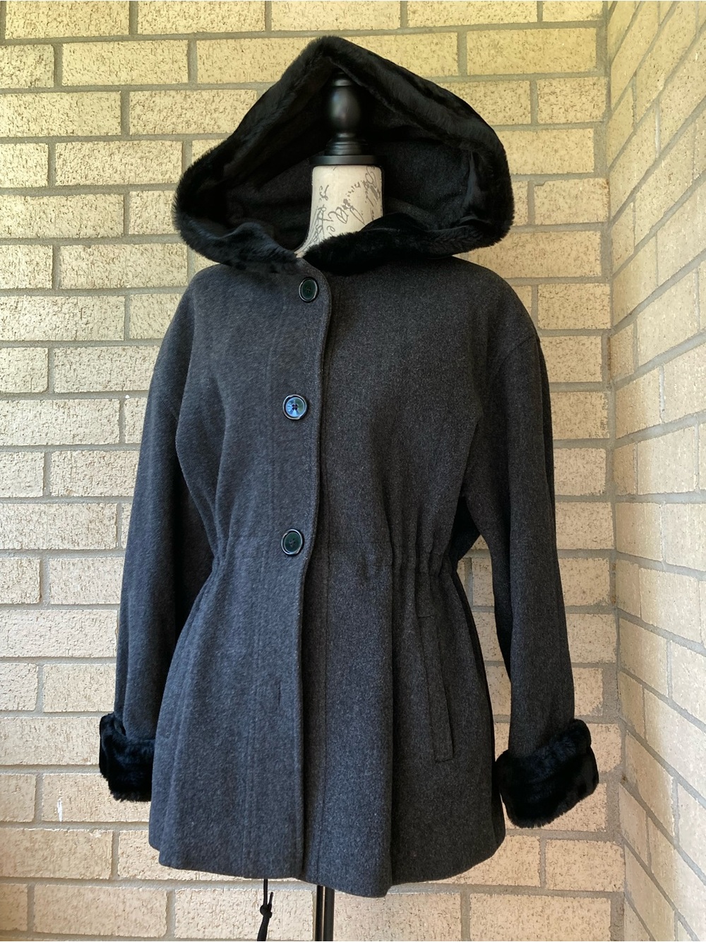 Albert Nipon Adjustable Waist Gray Wool Coat Black Faux Fur Hood & Cuffs XS - Picture 5 of 14